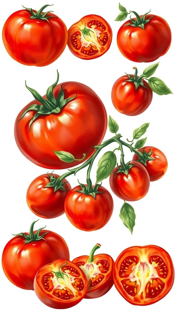 A variety of tomato illustrations including whole, sliced, and on the vine, highlighting their vibrant colors and textures.